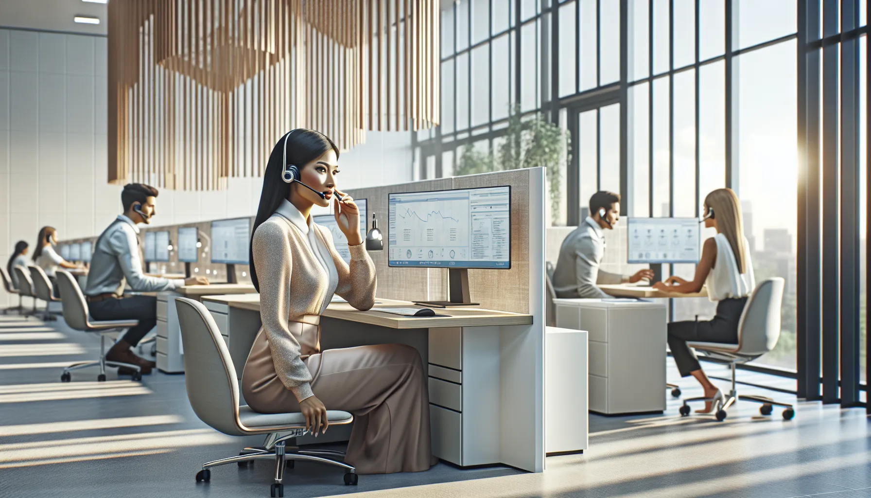 diverse professionals in a modern call center assisting customers.