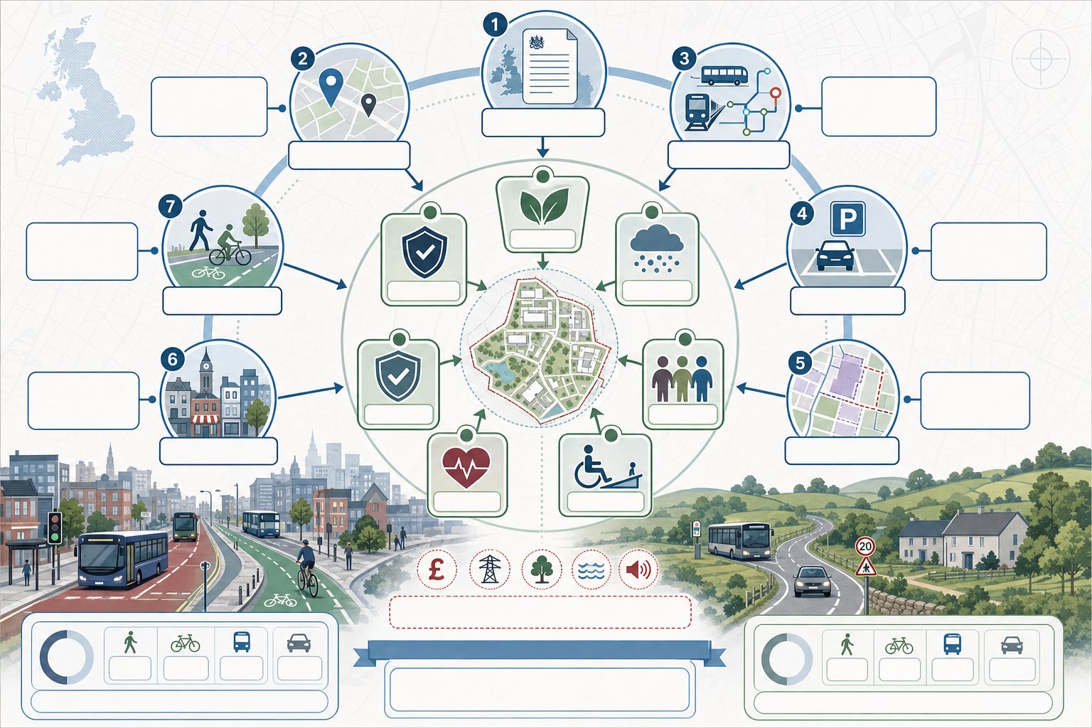 Infographic of UK planning and policy factors shaping transport masterplan decisions.