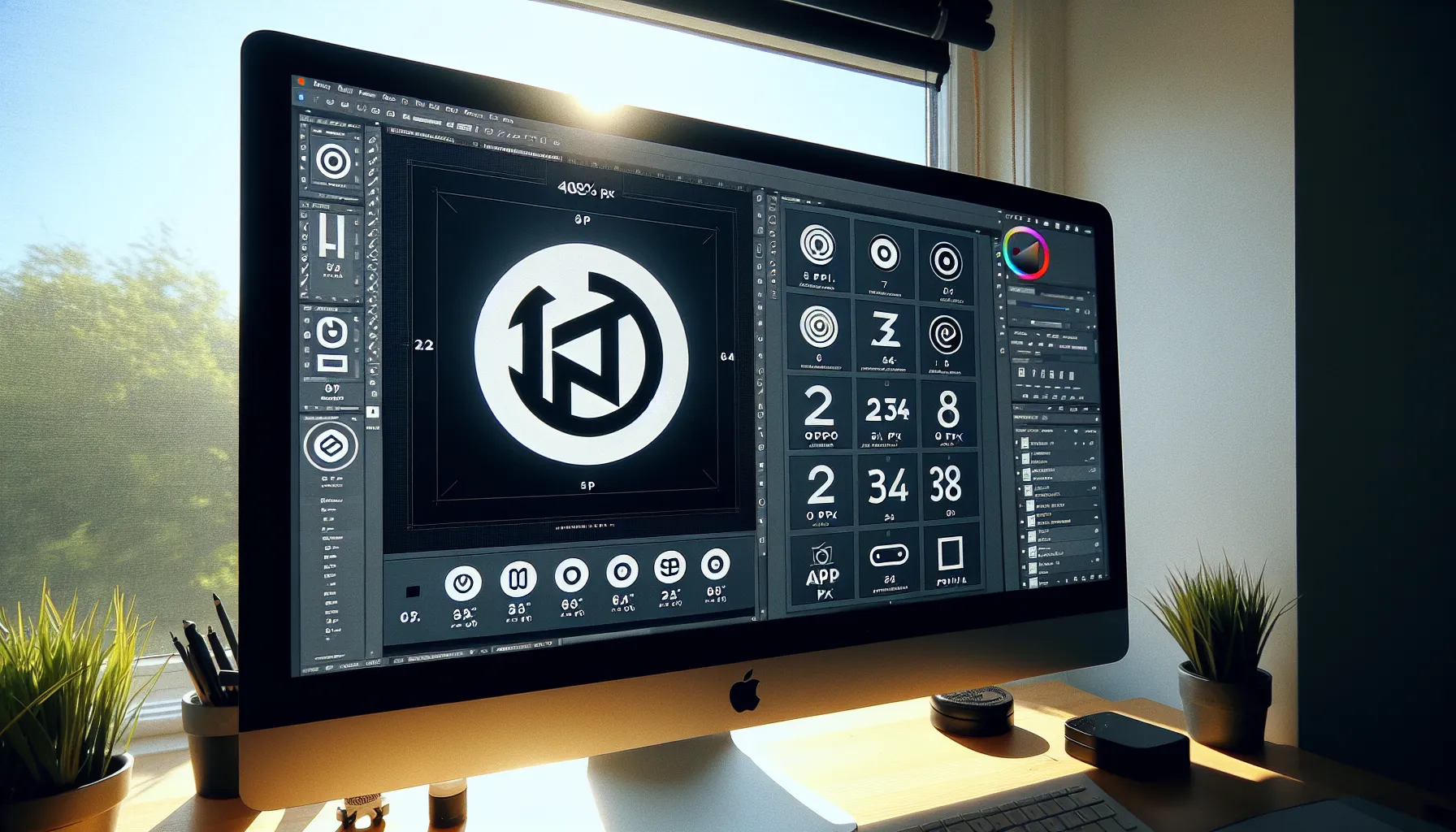 Designer testing tiny å logo icons on a pixel grid in nordic light.