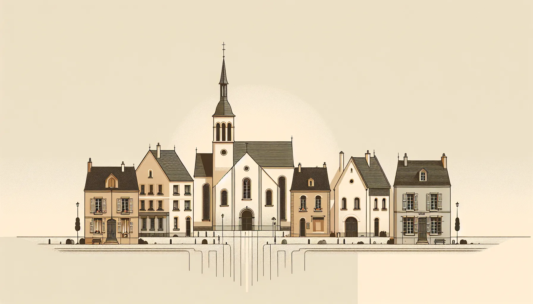 Minimalist illustration of a small 19th century French provincial town with church and houses.