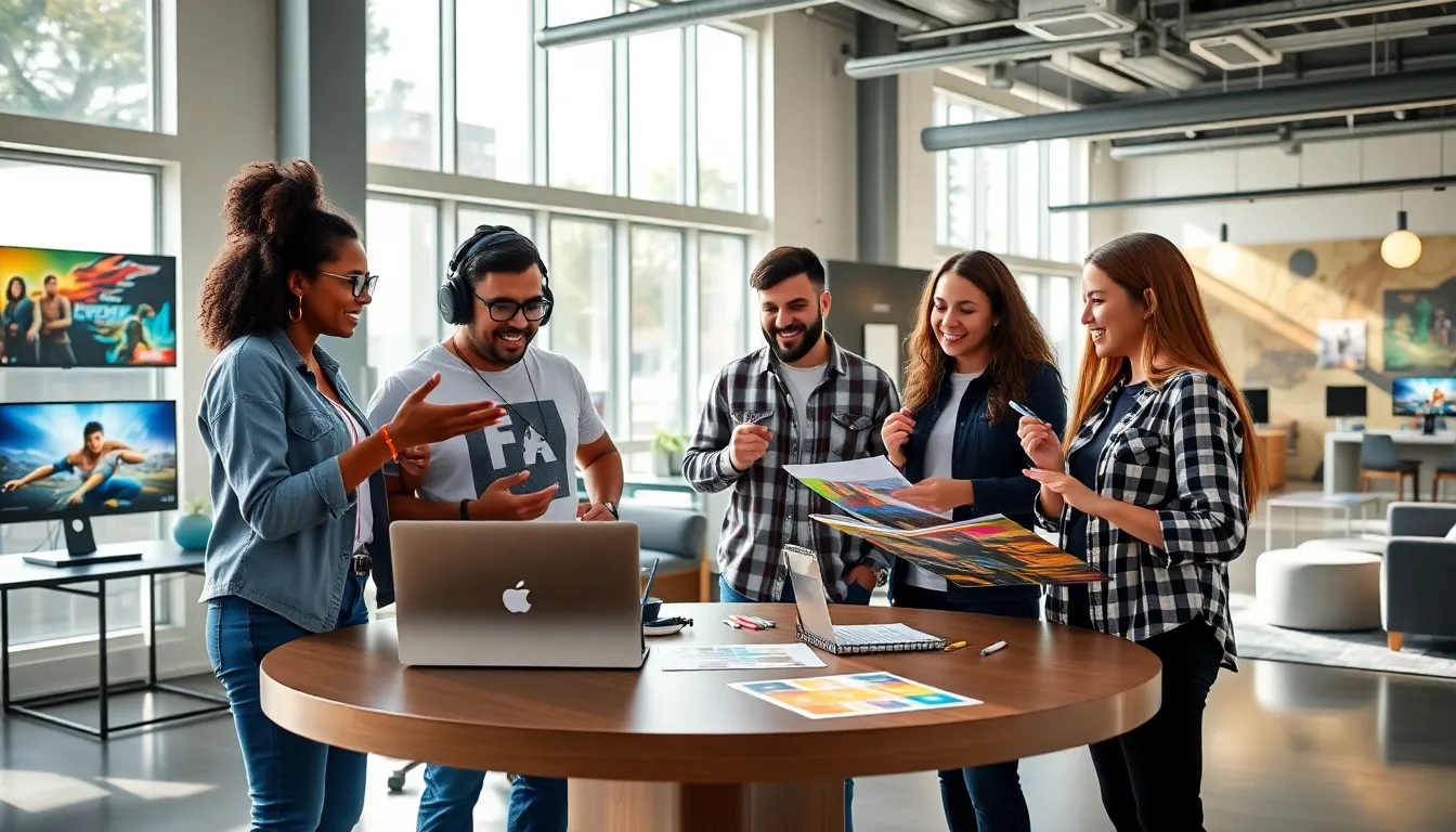 a diverse team collaborating in a modern game development office.