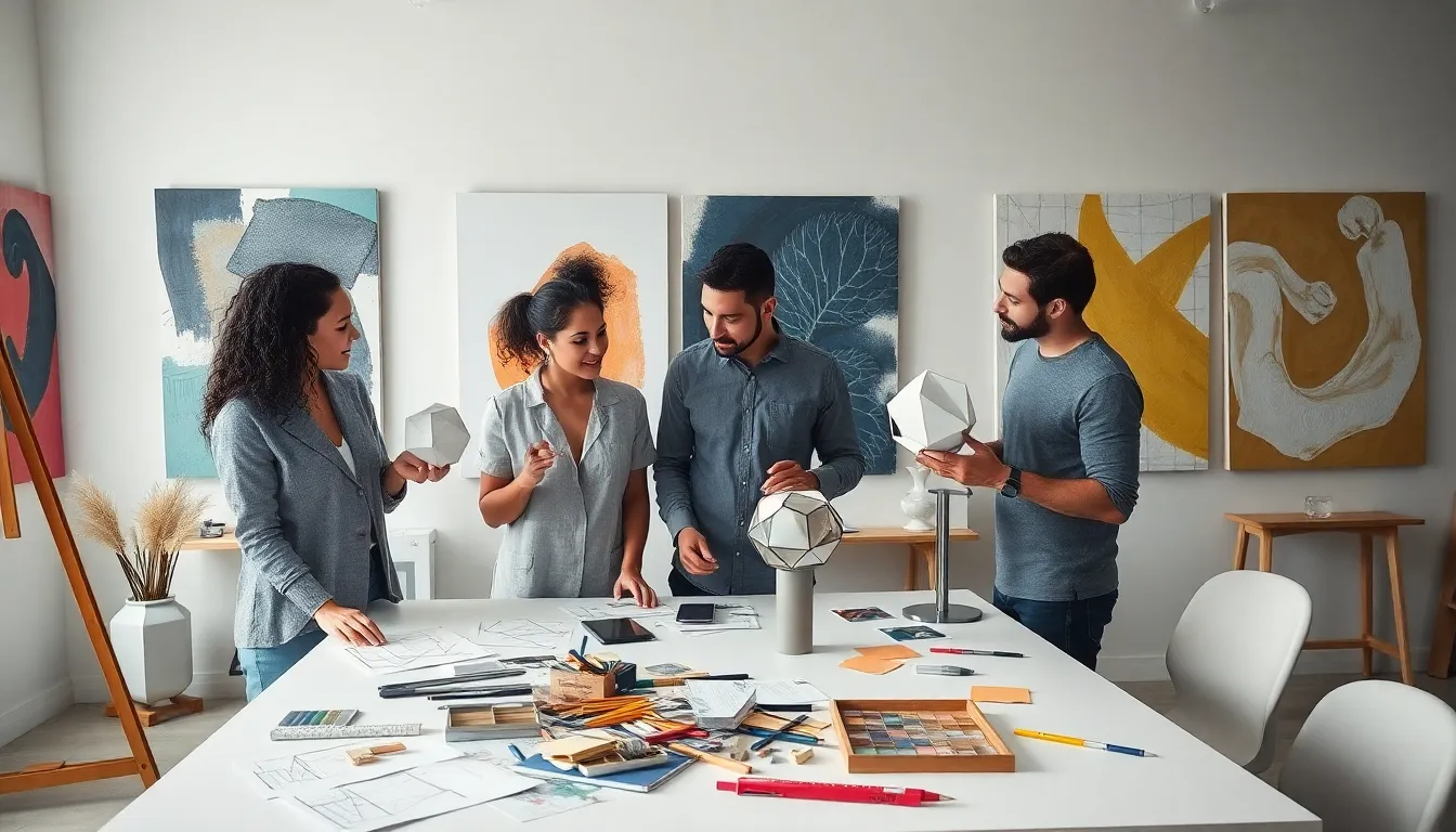 artists collaborating in a modern studio on structured artworks.