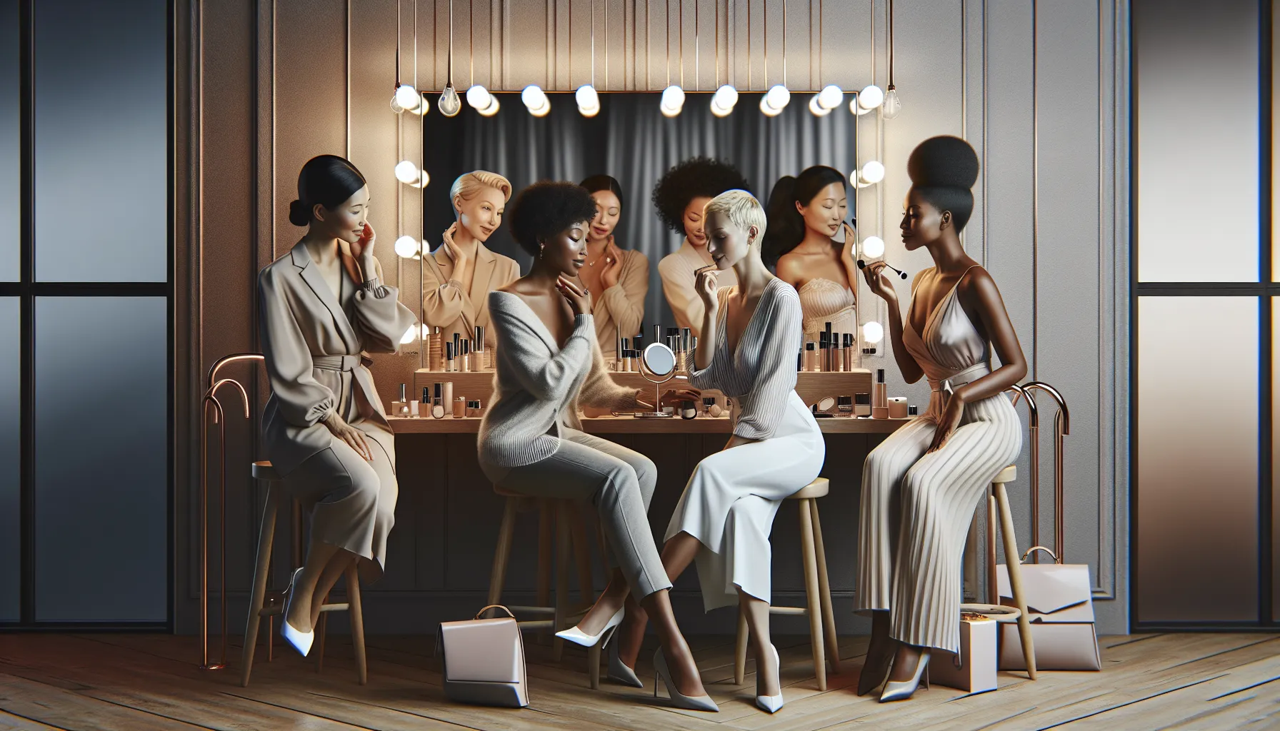 diverse women sharing beauty tips at a modern vanity.