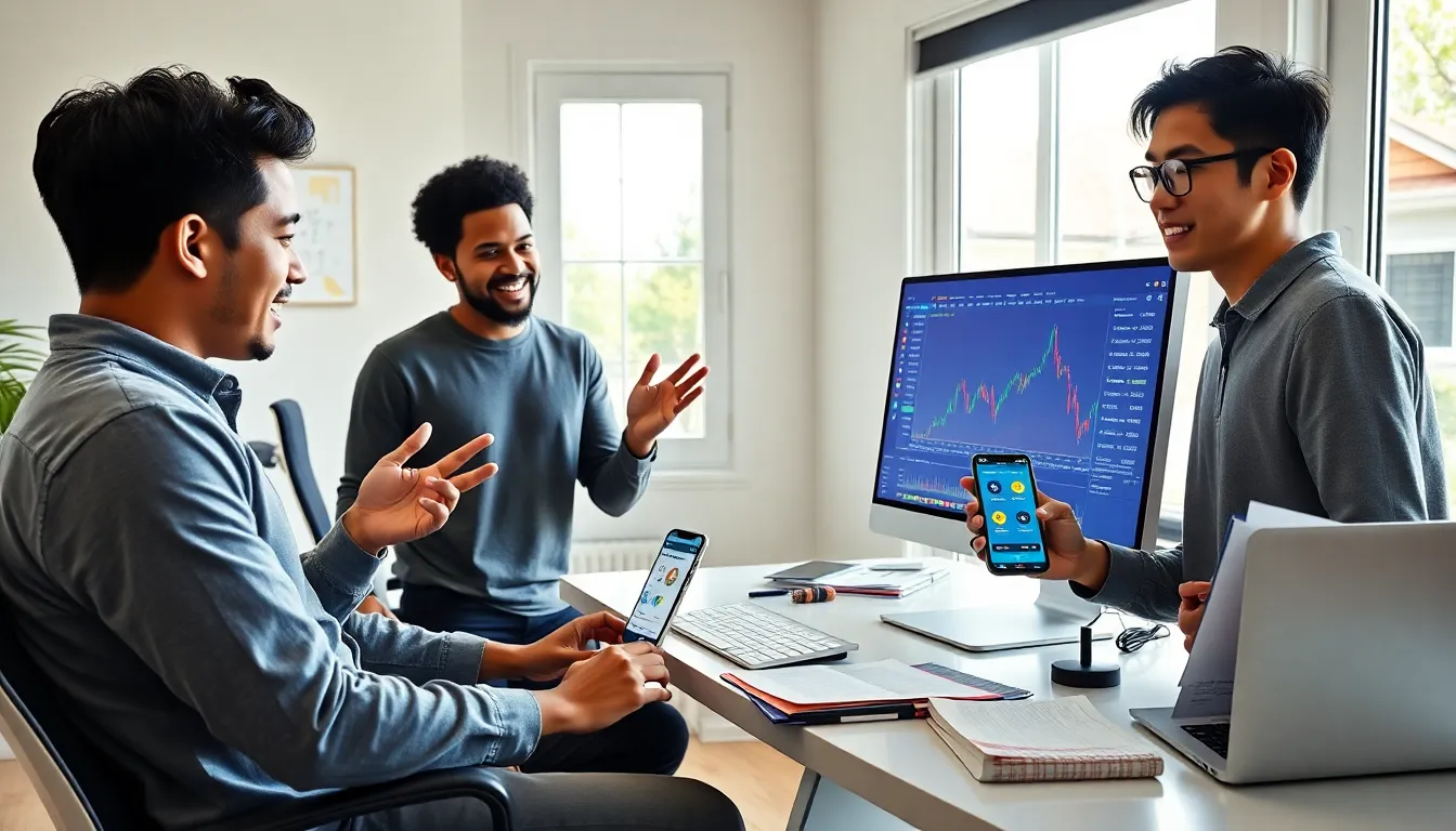 a diverse group of young adults discussing cryptocurrency in a modern office.