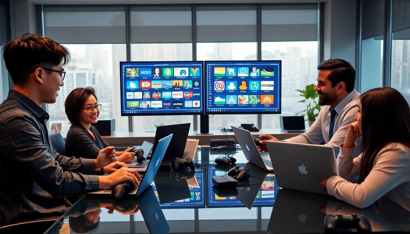 A diverse team discussing game settings on computers in a modern office.