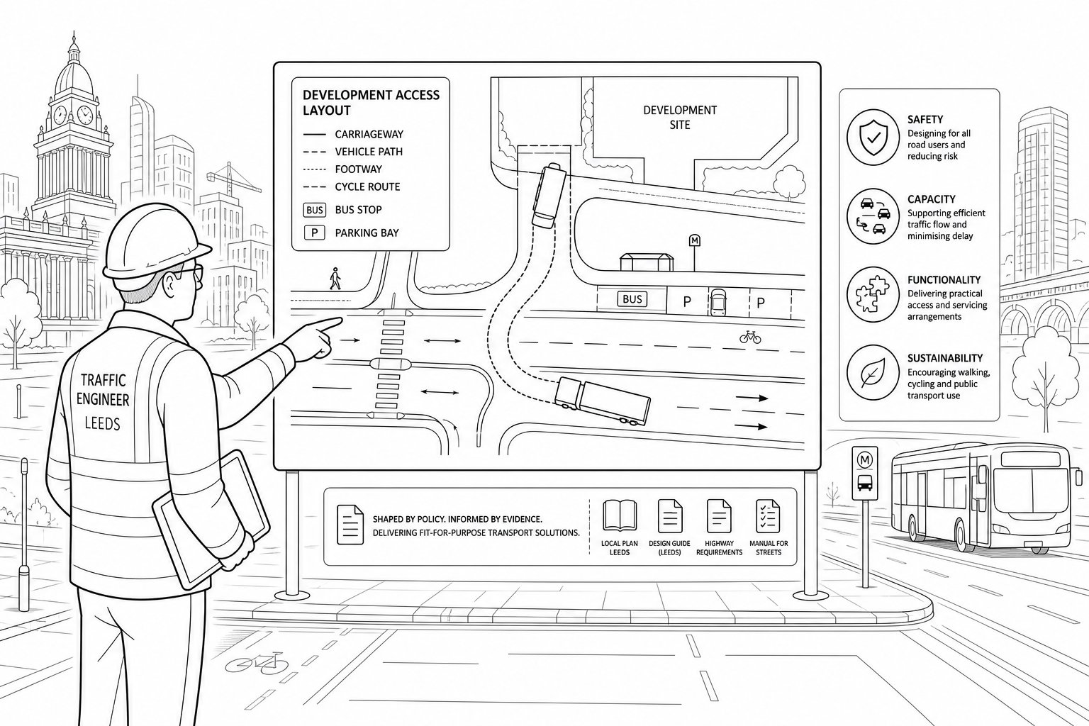 Traffic engineer reviewing a Leeds site plan with transport and access features.