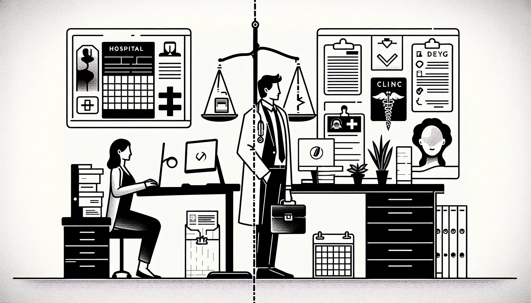 Split line art of a physician: employed hospital setting versus independent contractor setup.