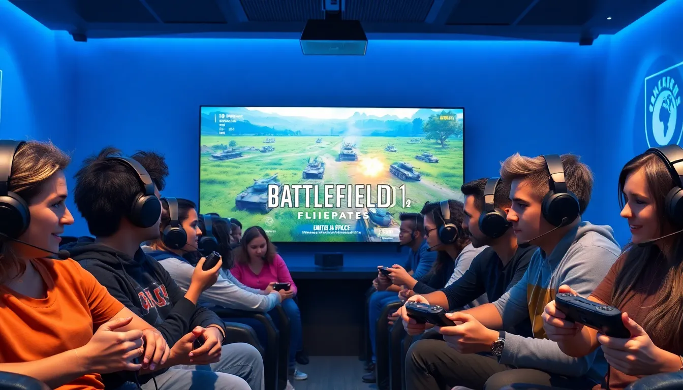 gamers focused in a modern gaming lounge, discussing Battlefield 1 updates.