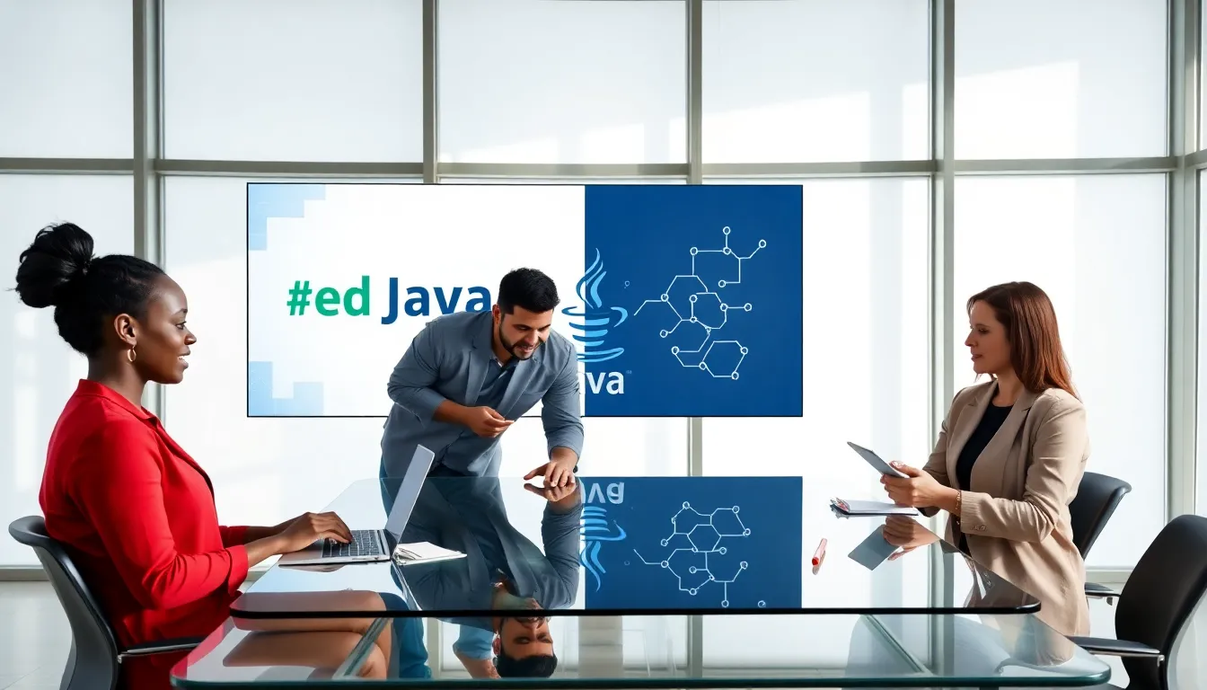 diverse professionals discussing Java programming in a modern office.