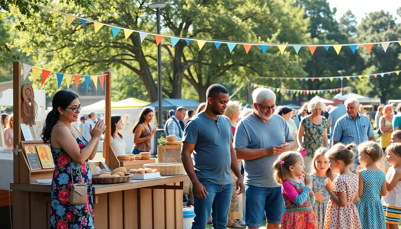 a lively community fair with diverse attendees enjoying thrifty events.