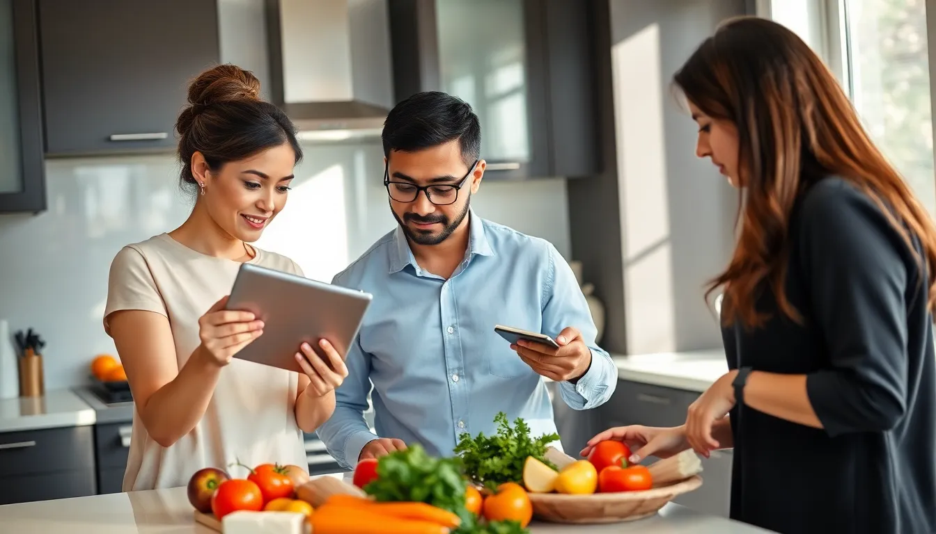 three professionals planning meals in a modern kitchen, focusing on food allergies.
