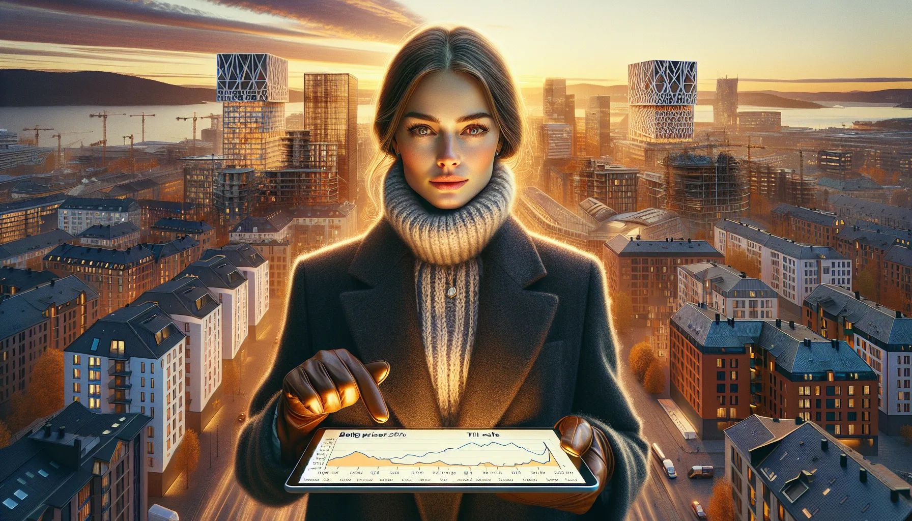 Investor reviews housing data over oslo skyline with cranes and apartments.