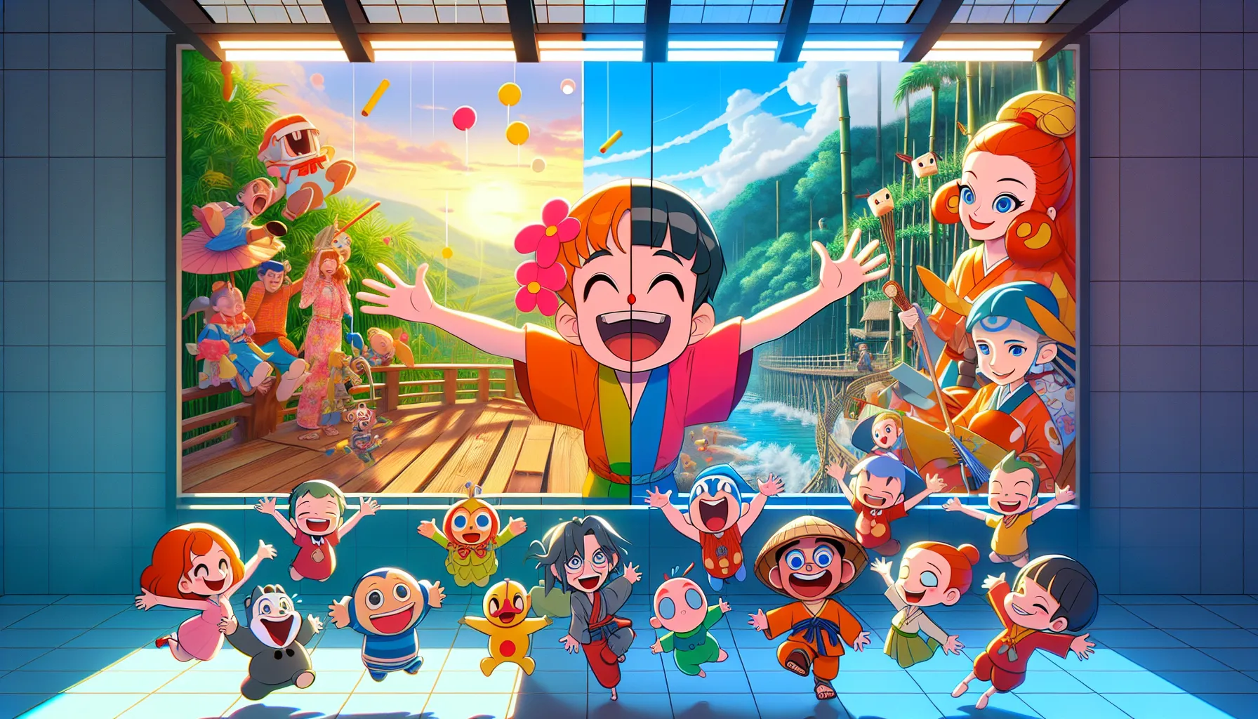 A split-screen image comparing vibrant cartoon art with detailed anime visuals.