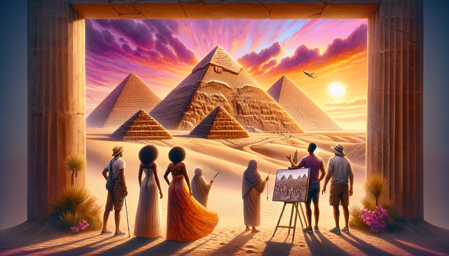 tourists marveling at the Great Pyramids of Giza during sunset.
