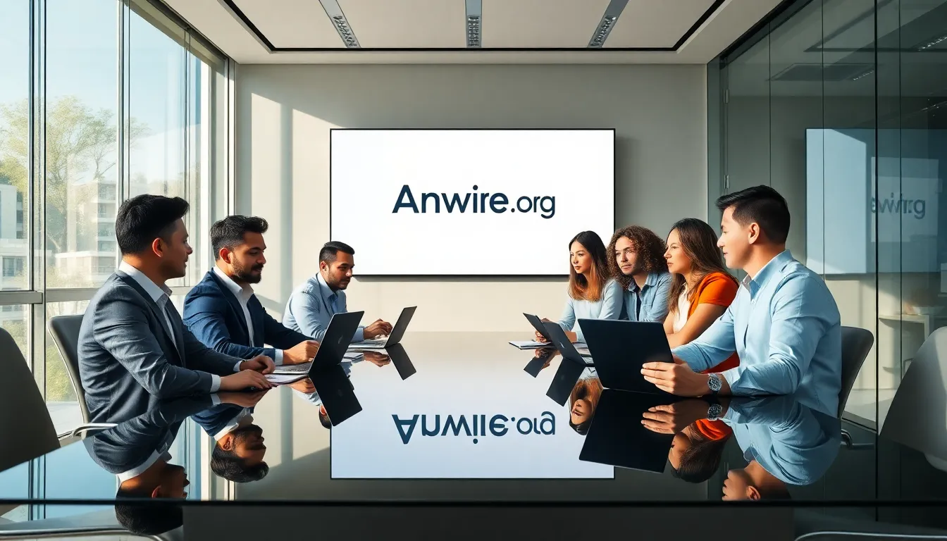 diverse team collaborating in a modern office with Anwire.org branding.