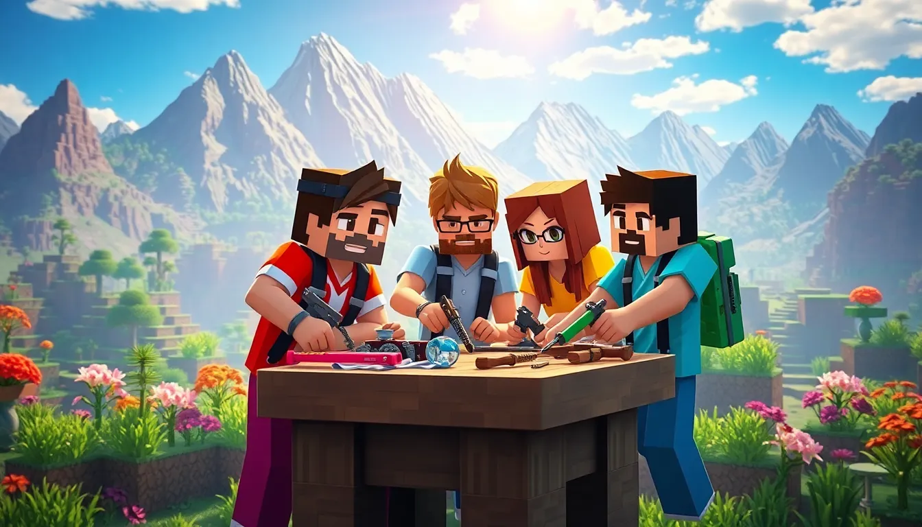 diverse players collaborating in a vibrant Minecraft scene.
