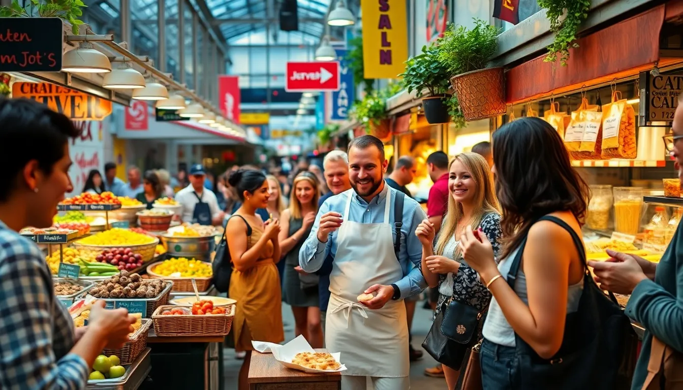 travelers enjoying culinary delights at a vibrant food market.