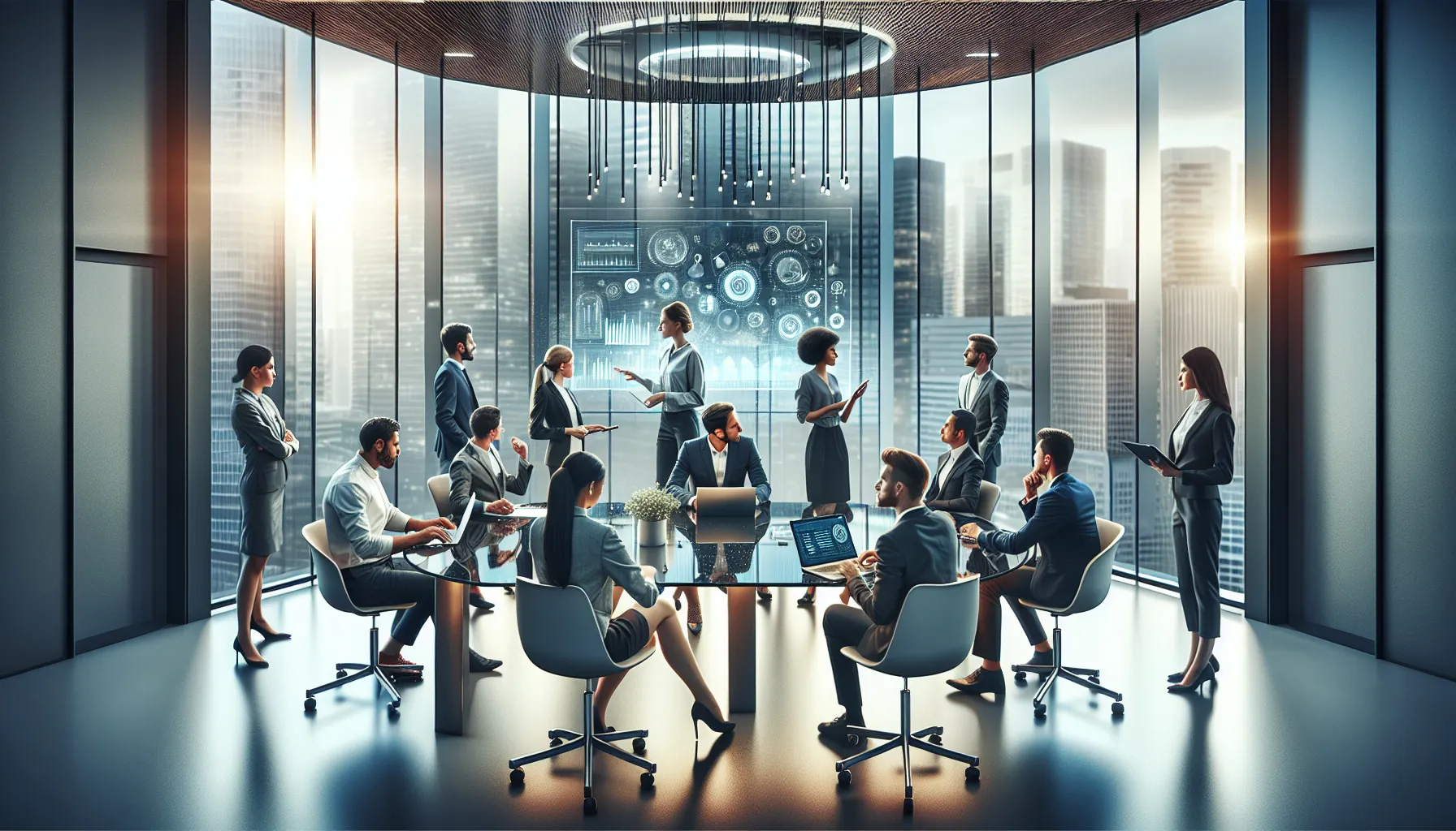 diverse team collaborating in a modern office on data management innovations.