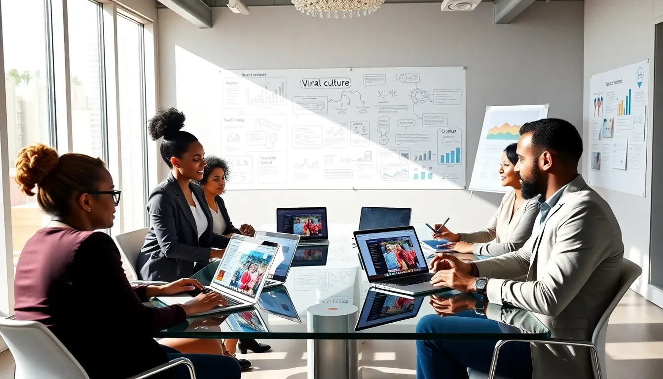 diverse team discussing viral culture in a modern office.