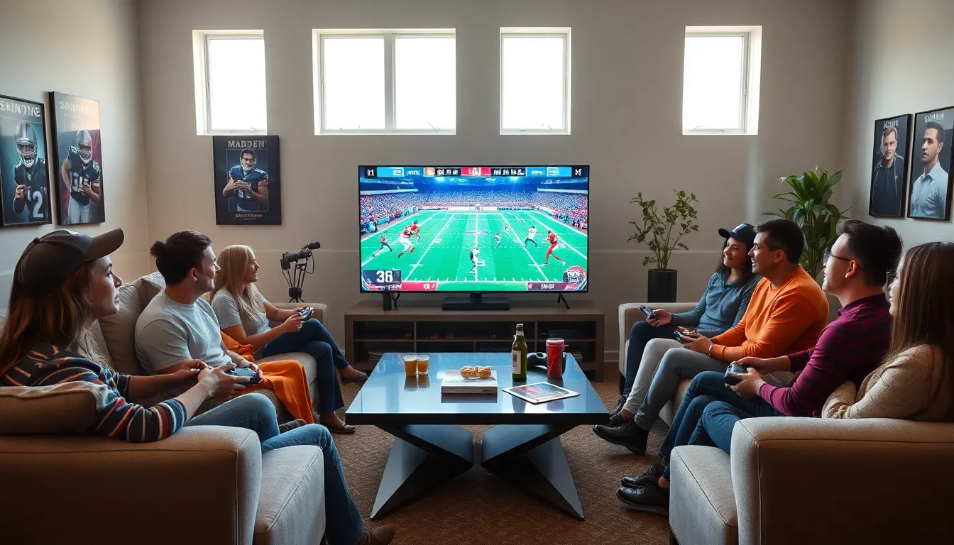 diverse gamers enjoying Madden NFL with custom mods in a modern living room.