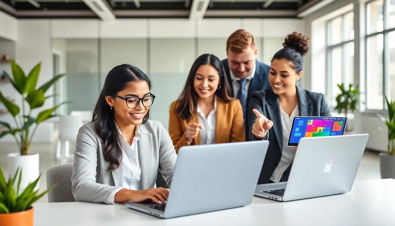 diverse professionals collaborating on bubble coding in a modern office.