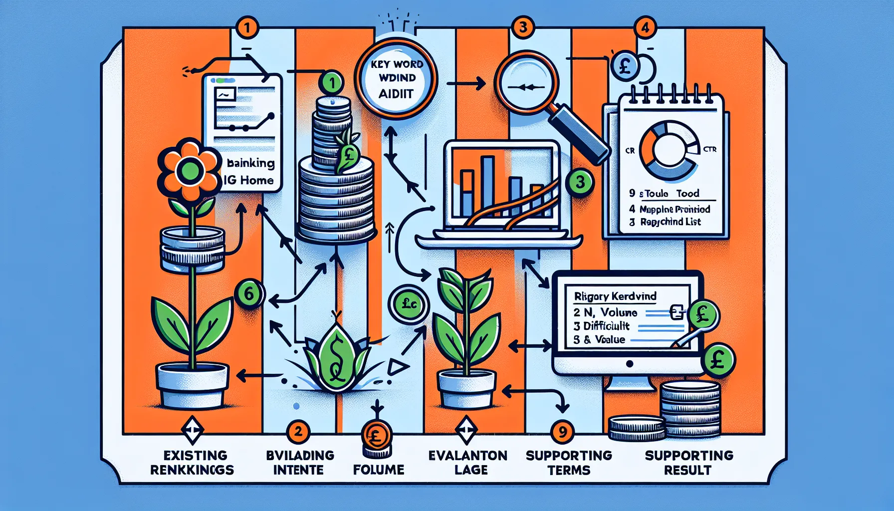UK-themed process infographic for website keyword research and analysis.
