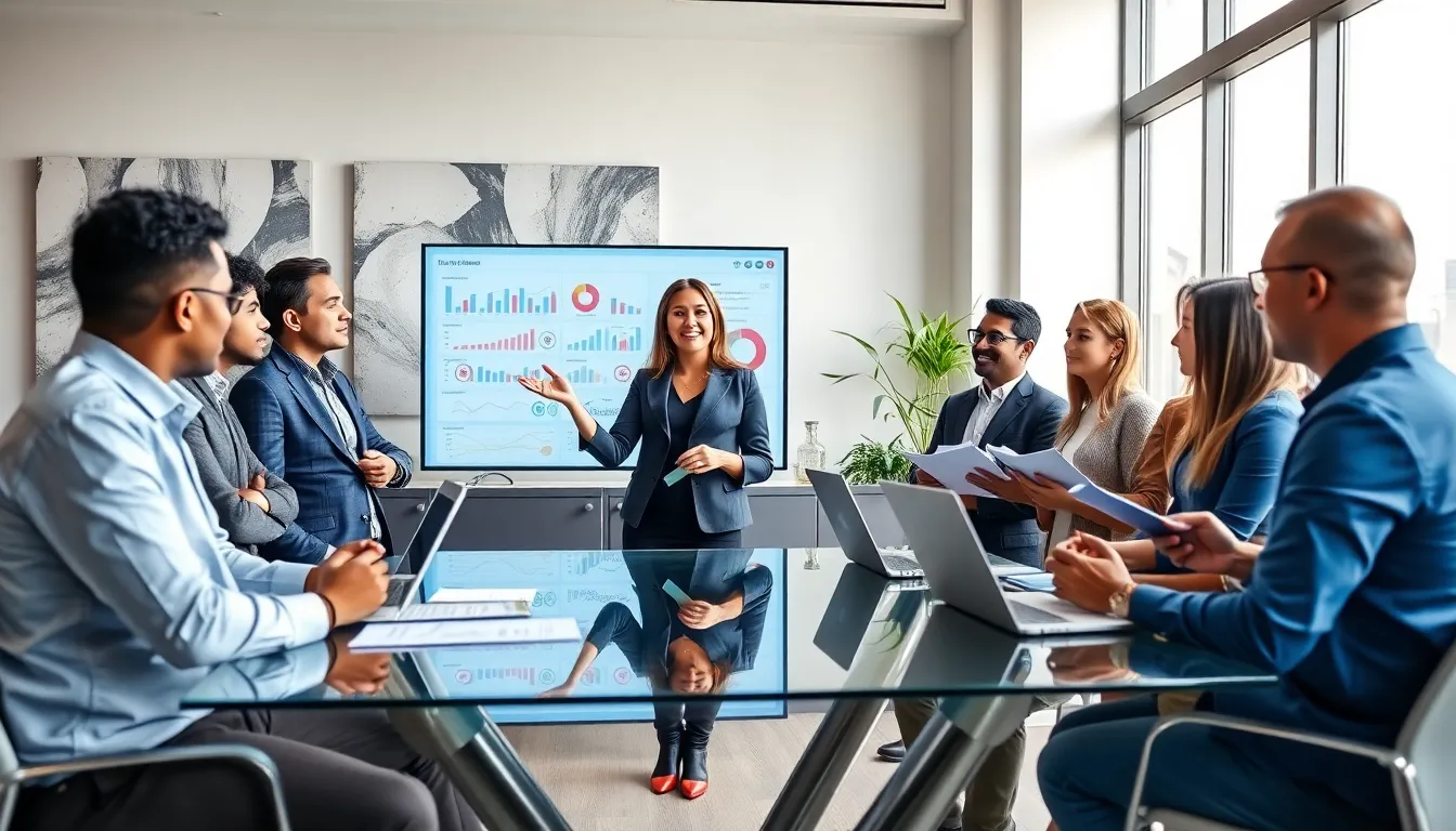 diverse marketing team collaborating in a modern office setting.