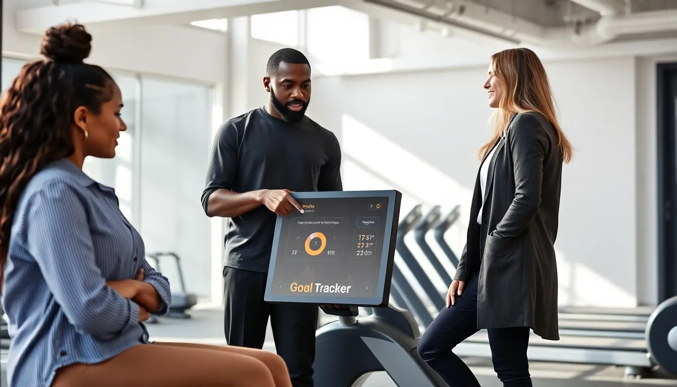 diverse group discussing fitness motivation in a modern gym.