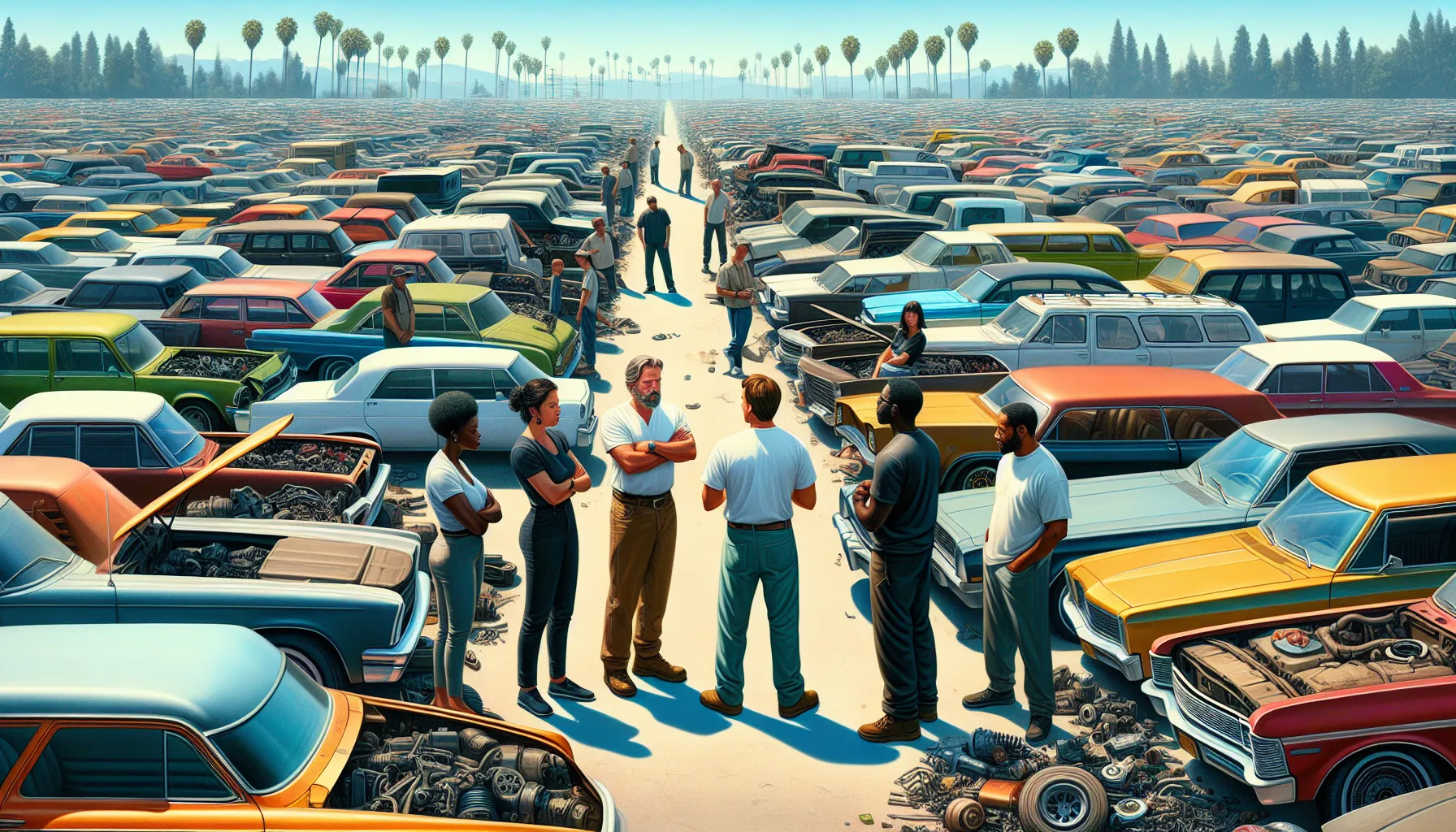 bustling automotive junkyard with diverse car enthusiasts in Los Angeles.