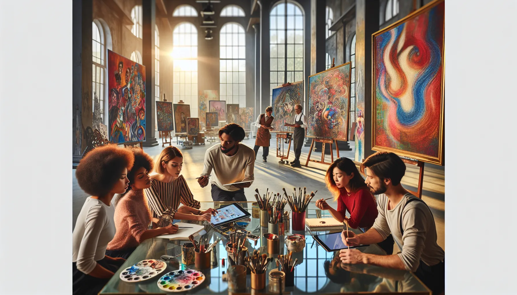 diverse artists collaborating in a vibrant art studio.