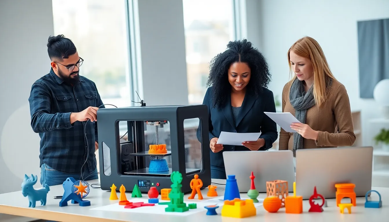 team collaborating around a 3D printer in a modern design studio.