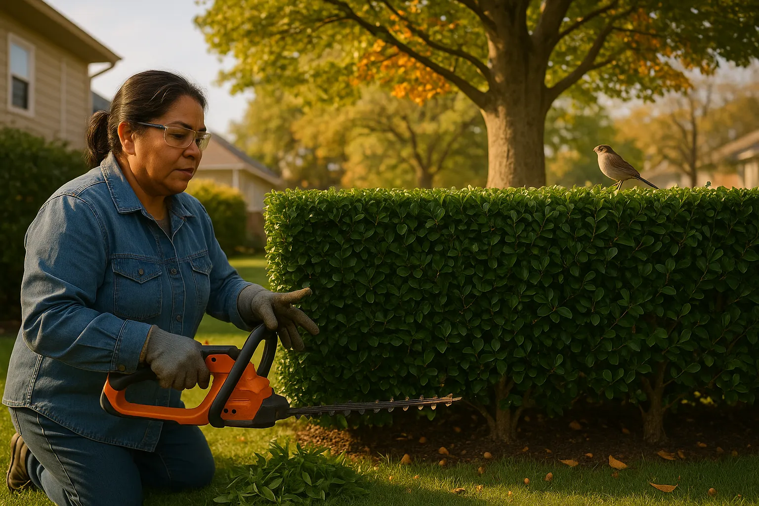 gardener clipping a formal privet hedge with a tall beech tree behind