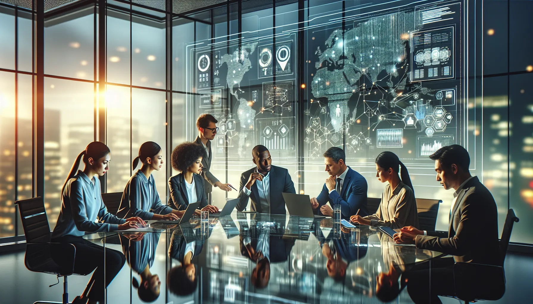 diverse professionals analyzing data in a modern office.