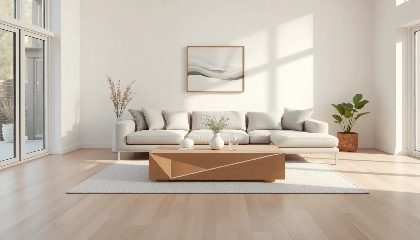 a sleek minimalist living room design with neutral tones and clean lines.