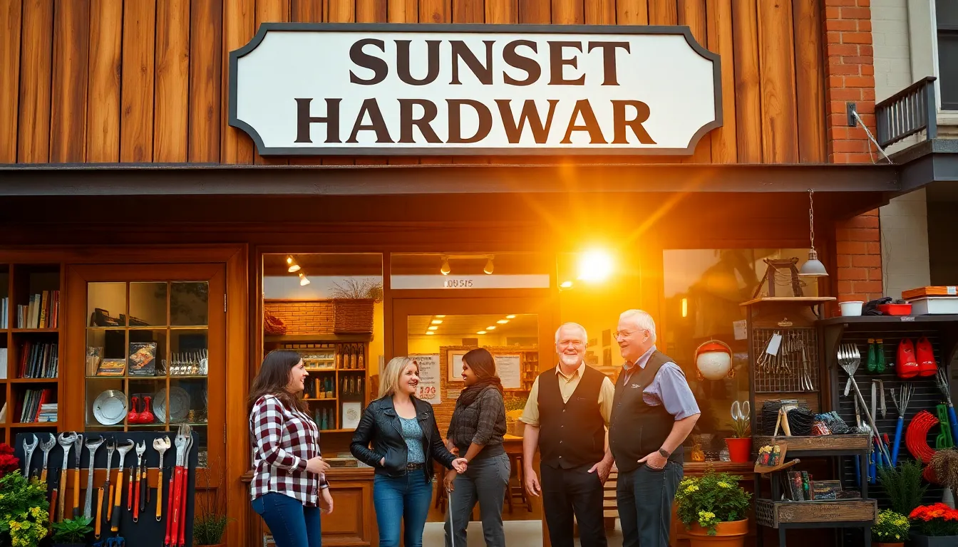 Sunset Hardware storefront with diverse customers and staff engaging warmly.