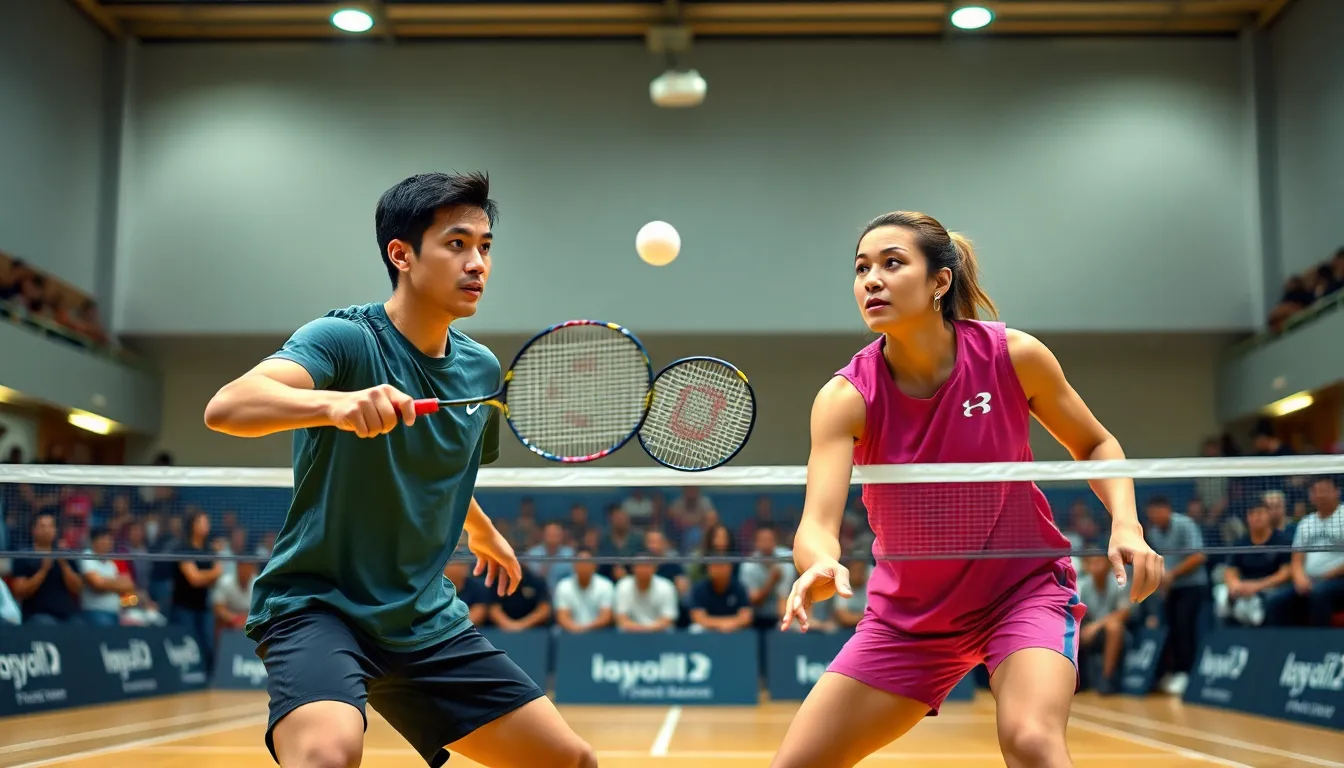 two diverse badminton players in action during a match.