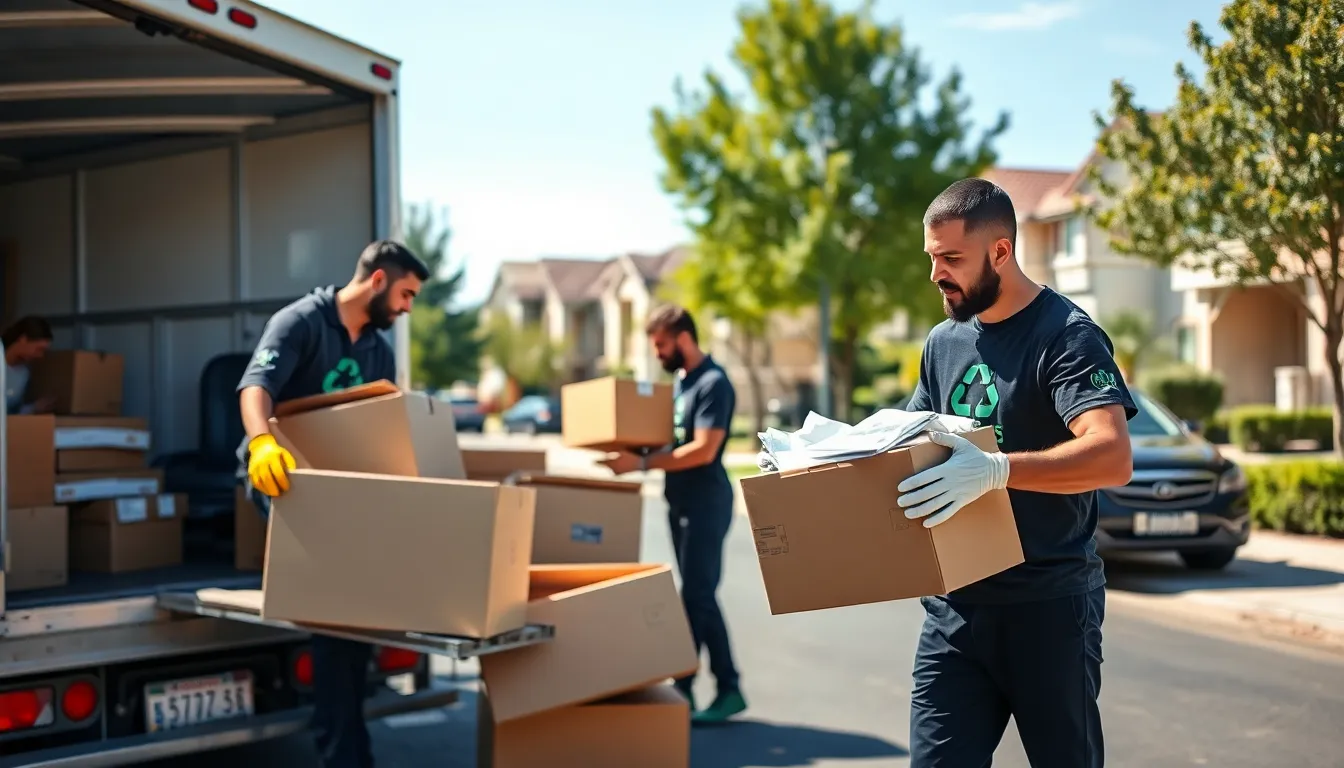 Fresno junk haulers loading items onto a truck in a suburban neighborhood.