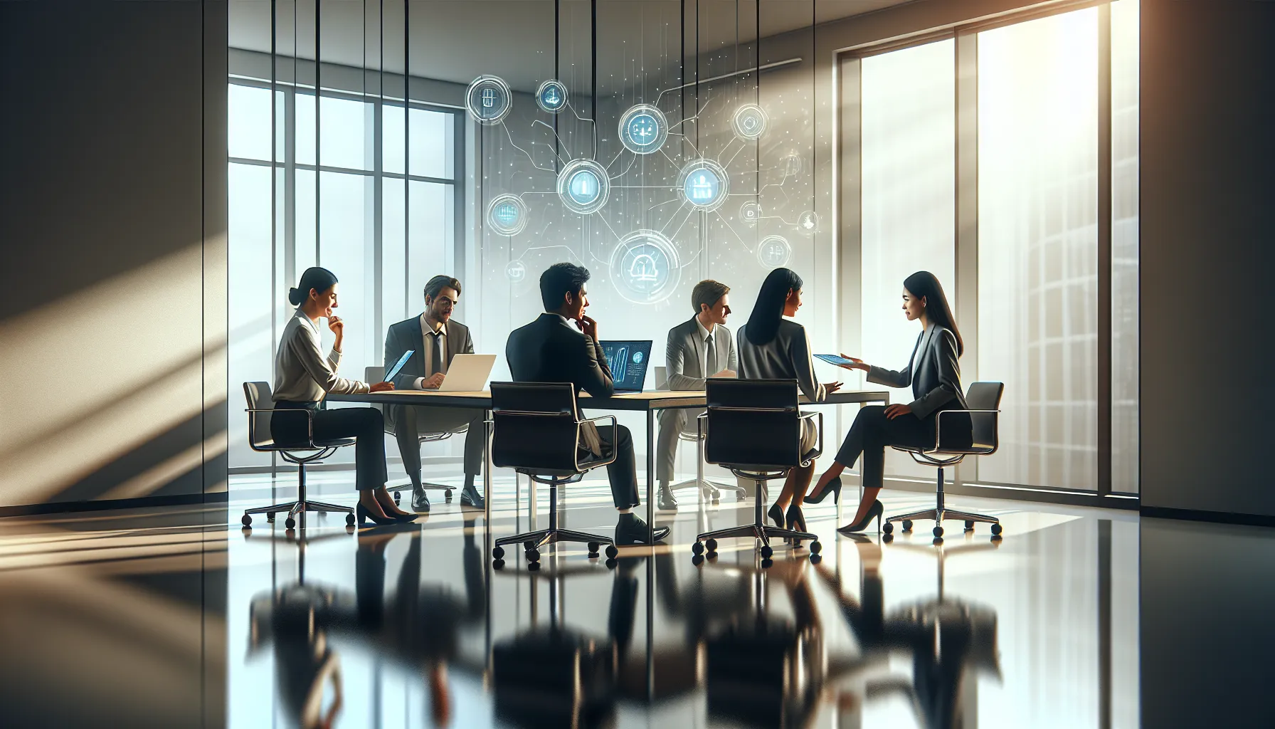 diverse team discussing telecommunications numbers in a modern office.