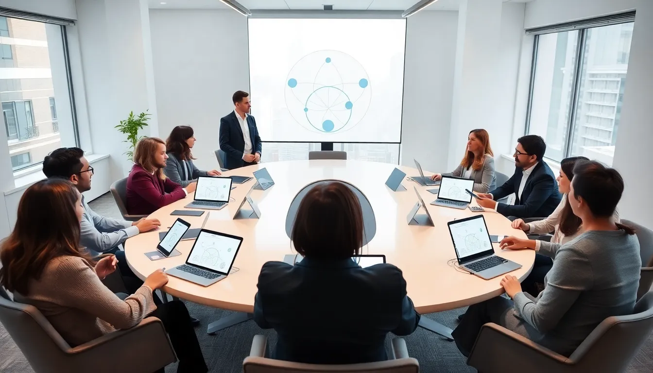 diverse professionals discussing interdisciplinary concepts in a modern setting.