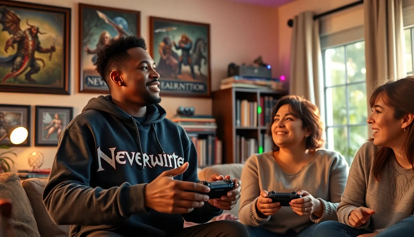 diverse gamers discussing Neverwinter in a cozy living room.
