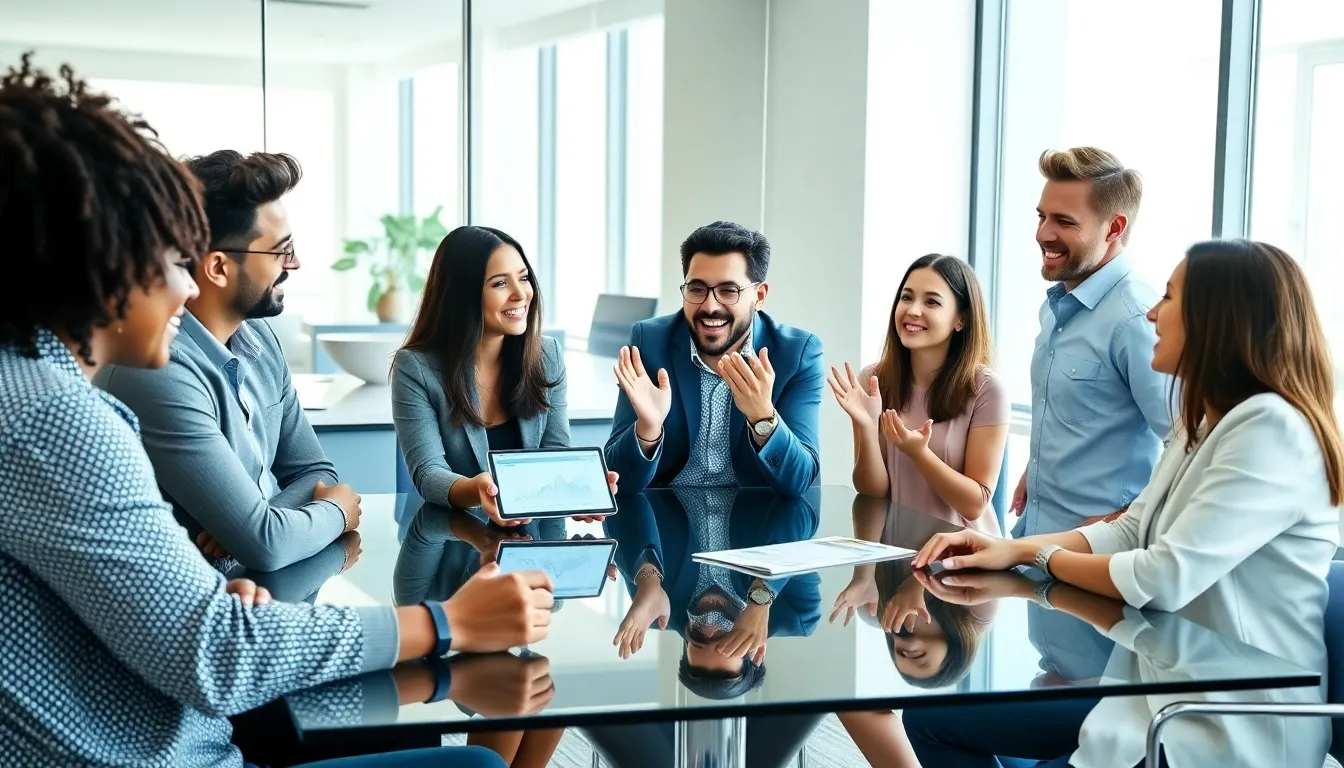 young professionals discussing digital communication in a modern office.
