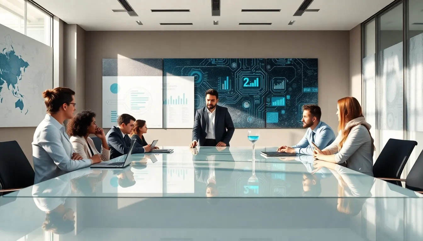 diverse team collaborating over data analytics in a modern office.