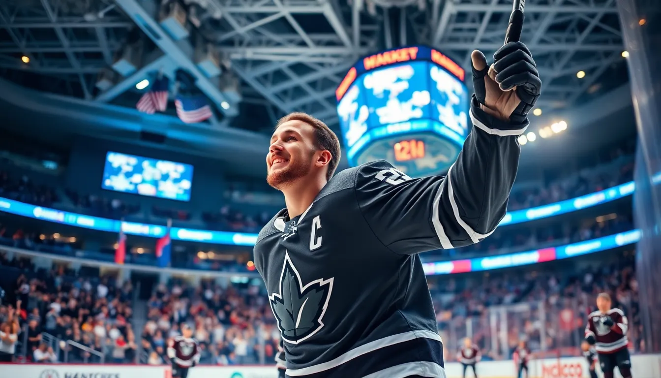 hockey player celebrating an overtime goal in a lively arena.