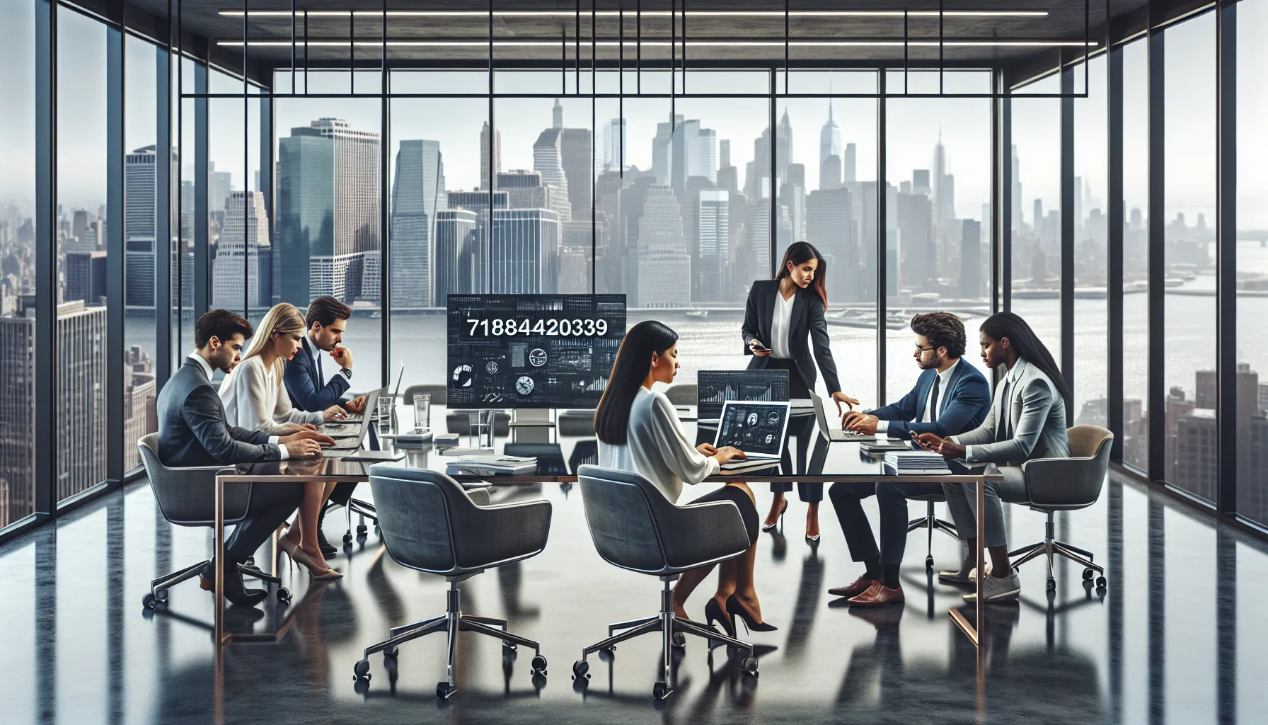 professionals discussing around a conference table in a New York office.