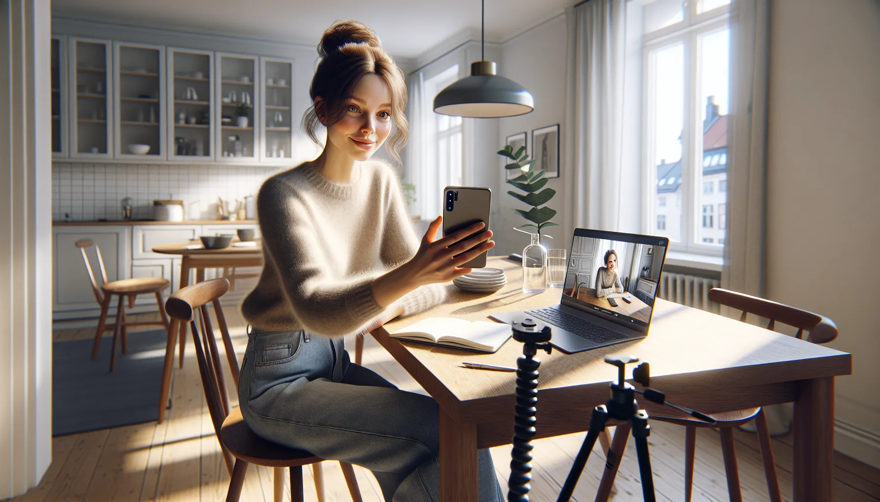 Young norwegian influencer genuinely promoting an online course from her bright apartment.