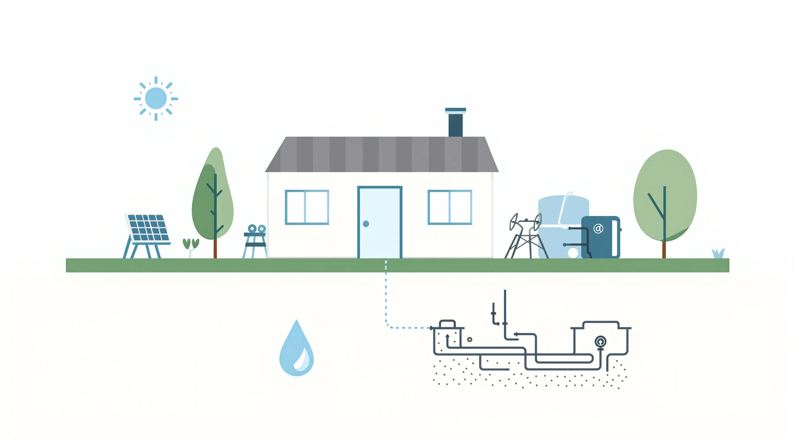 Mobile house on farmland with solar panel, water tank, and drainage system icons.
