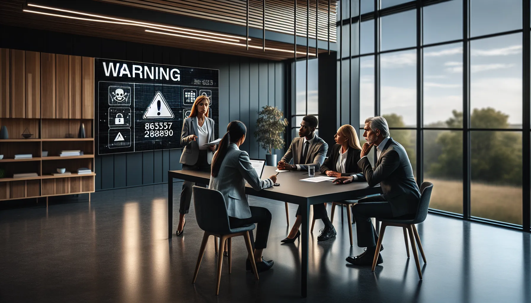 team discussing risks of scam phone calls in a modern office.