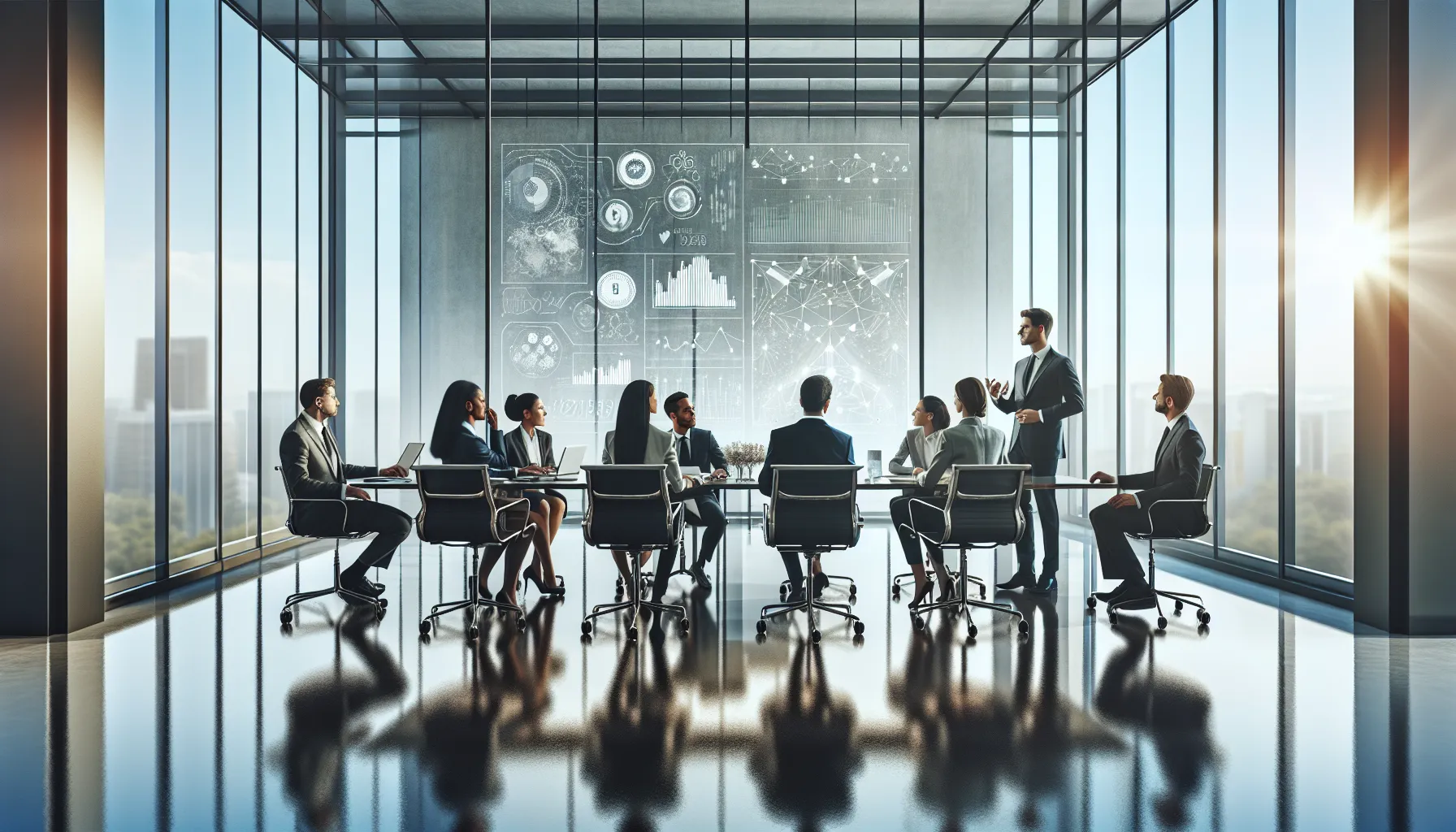 diverse team collaborating over data analysis in a modern office.