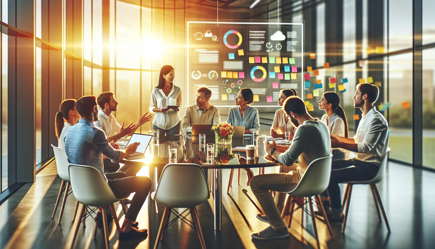 a diverse team engaging in lively discussion around a modern table.