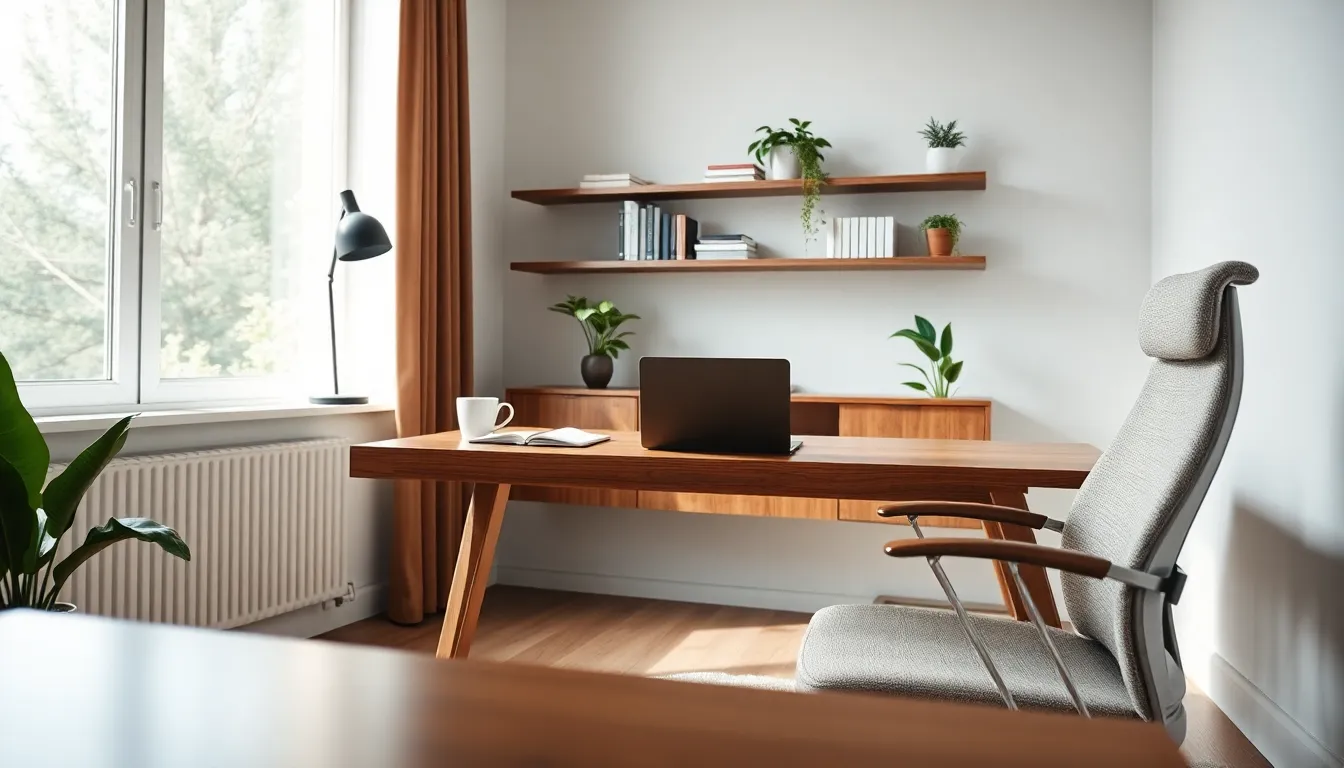 modern men’s home office with a desk, chair, and natural light.